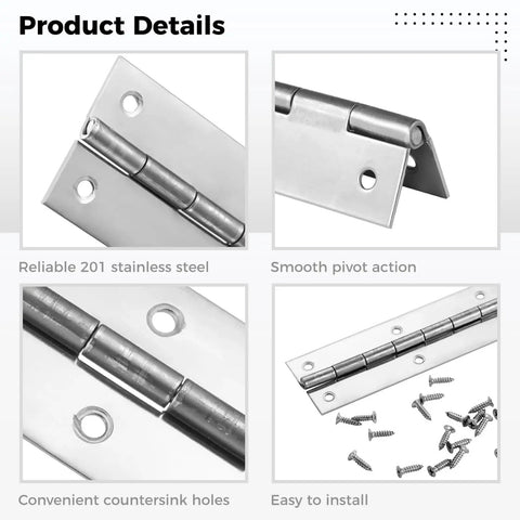 Close-up of four stainless steel piano hinges with holes and screws, 15.7 inch by 2 inch, 0.06 inch thick, for storage boxes