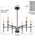 Black Farmhouse Chandelier With Six Lights For Dining Room And Kitchen Island, showing dimensions and adjustable rods, 24 Inch.