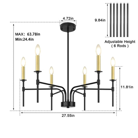 Black Farmhouse Chandelier With Six Lights For Dining Room And Kitchen Island, showing dimensions and adjustable rods, 24 Inch.