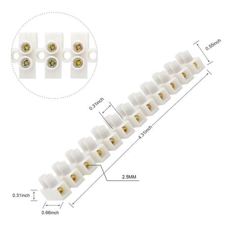 7 Piece 12 Position Dual Row Terminal Block Set For Electrical Wiring 10A 380V Barrier Strip Connector with dimensions diagram.