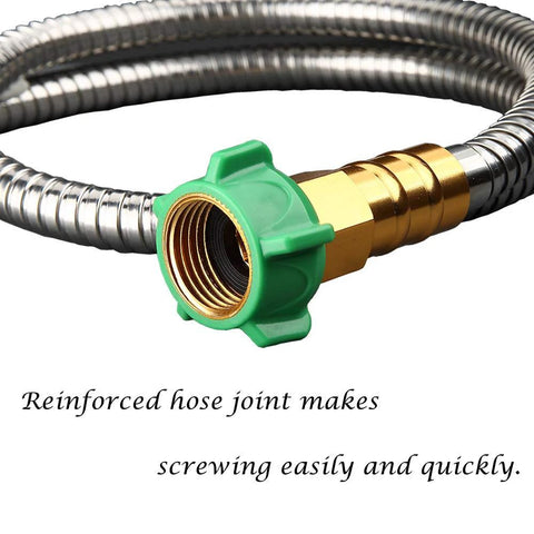 Beaulife stainless steel garden hose connector with brass fitting and green plastic nut, 5 ft hose extension