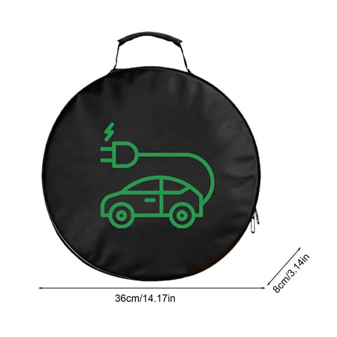 Heavy Duty EV Charger Tote Bag Made Tough With Ripstop Oxford Fabric Car Organizer Cord Hose Storage Cube Trunk Gear Caddy Waterproof Base Non Slip Bottom Black Circular Design with Charging Icon