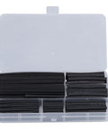 Must Have 170Pcs Heat Shrink Tubing Kit For Pro Grade Electrical Insulation Super Durable Polyethylene That Protects Wires From Overheating And Damage Perfect For Daily Auto Maintenance And Heavy Duty Cable Repair Jobs., open case with assorted black heat shrink tubing pieces