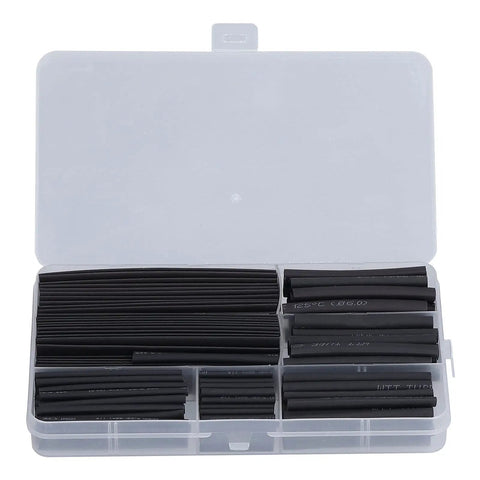 Must Have 170Pcs Heat Shrink Tubing Kit For Pro Grade Electrical Insulation Super Durable Polyethylene That Protects Wires From Overheating And Damage Perfect For Daily Auto Maintenance And Heavy Duty Cable Repair Jobs., open case with assorted black heat shrink tubing pieces