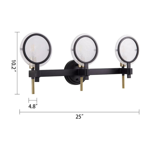 Three Light Vanity Light Fixture In Black Gold Finish With Seeded Glass Over Mirror Wall Sconces 25 Inch Long front view