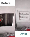 Before and after images showing No Sweat 20X30 Inch Aluminum Louvered Access Panel With Integrated Filter installed.