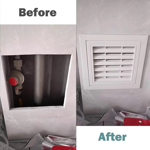 Before and after showing installation of Rock Solid 16X20 Aluminum Access Panel Door with washable filter for attic access.
