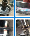 Welded metal joints close-up showing smooth welds created using Heavy Duty Rotary Welding Positioner Adjusts Zero To Ninety Degrees.