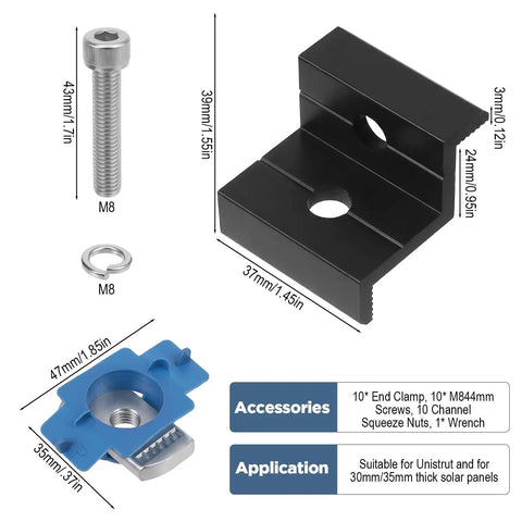 10 Piece Solar Panel End Clamps Mounting Kit For Unistrut And Aluminum Rails 30mm And 35mm With Nuts Bolts And Wrench Easy Install