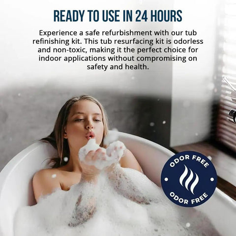 Person in bathtub highlighting Bathtub Refinishing Kit Pour On Touch Up Coating For Tub And Tile Reglazing Odorless Non Toxic