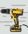 Pro Grade 21V Cordless Electric Drill Driver Kit With Two 1200 mAh Lithium Batteries And Multi Speed Settings showing features and design details.