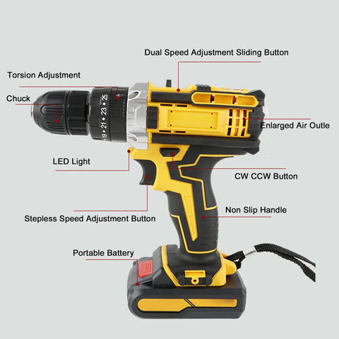 Heavy Duty Cordless Electric Drill Kit Loaded With Dual 21V Lithium Batteries Straight Up Variable Speed Control features adjustable torque settings.