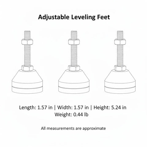 Diagram of Beefy Heavy Duty Adjustable Leveling Feet with carbon steel stem and rubber base, dimensions 1.57x1.57x5.24 inches