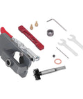 Top Notch Aluminum Alloy Hinge Hole Locator Jig For 35mm Cup Holes With Adjustable Drilling Positioner Tool, includes various components.