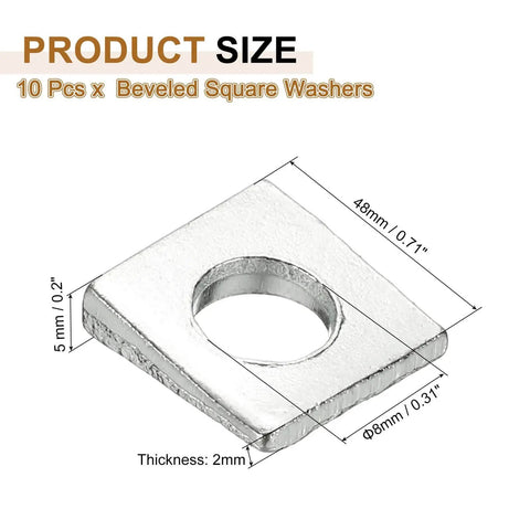 Beveled Square Washers Set For M8 Bolts, 10 Pieces, Carbon Steel, 9x18 Mm Inner Diameter, 2 Mm Thick, 5 Mm Tall, Rust Resistant Flat Pad Spacers, Bearing Strut Plate Shim, Leveling Fasteners, Gasket, Silver