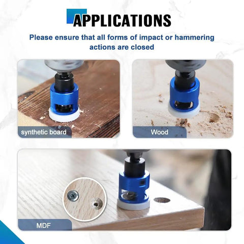 Heavy Duty Adjustable Depth Stop Carbide Countersink Bit Set With HSS M2 Tapered Drill Bits showing applications on wood, MDF, and synthetic board.