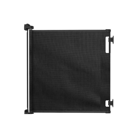 Retractable Baby Gate For Indoor And Outdoor Use, Extra Wide 71 Inch Span And 33 Inch Tall, Gray, shown unrolled against white background