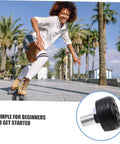 Woman on roller skates in motion with inset of Two Pack Adjustable Rubber Toe Stoppers For Quad Skates Durable Brake Block Replacement
