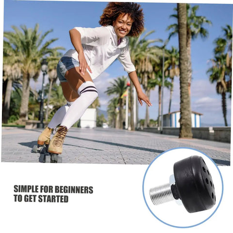 Woman on roller skates in motion with inset of Two Pack Adjustable Rubber Toe Stoppers For Quad Skates Durable Brake Block Replacement