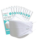 White KF94 Face Mask 4 Layer Protection Premium All Day Comfy For Adults Individually Packaged Made In Korea With 94 Percent Filter Efficiency And Melt Blown Filter, showing mask and packaging.