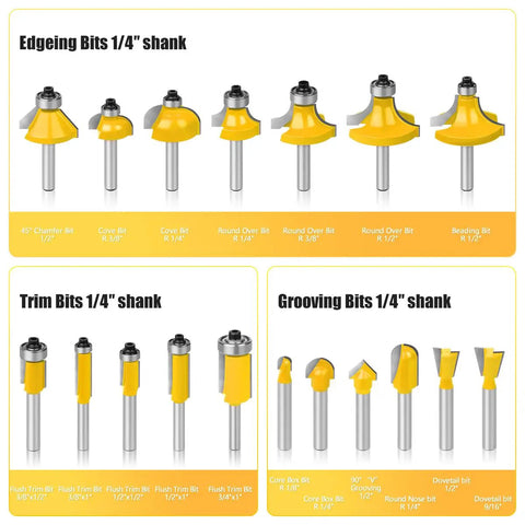 Badass 35 Piece Router Bit Set Offering Rock Solid Quarter Inch Shank Construction Premium Tungsten Carbide Tips For Smooth Woodworking Cutting Tasks And Heavy Duty Milling Jobs featuring edging, trim, and grooving bits.