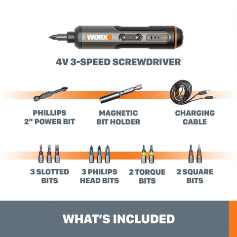 4V Cordless Screwdriver With Three Speed Settings, Compact Handy Grip Design, showing bits, bit holder, and charging cable.
