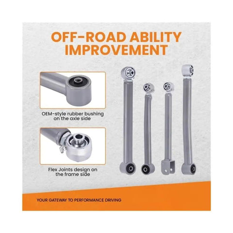 Adjustable Control Arms Kit 0 To 6 Inch Lift For Jeep Wrangler JK 2007 To 2018, showing off-road ability improvements.