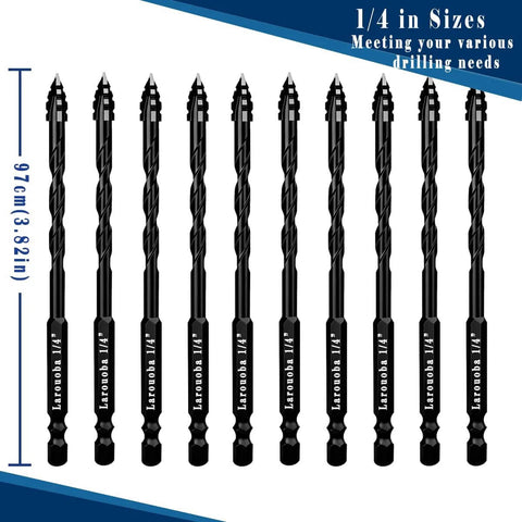 Front view of Larouba 10pc black 1/4 in serrated masonry drill bit set