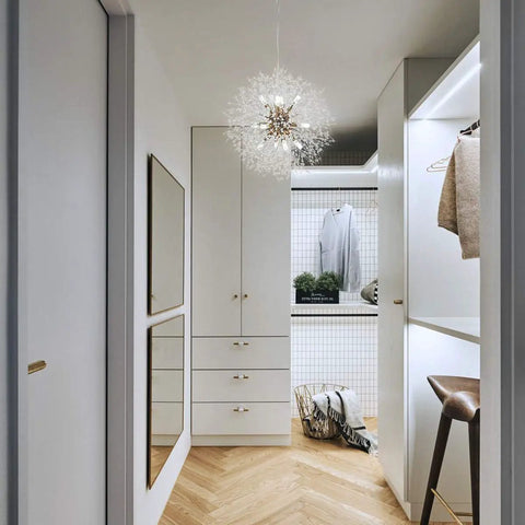 LED Firework Sputnik Chandeliers With 12 Lights Modern Crystal Ceiling Pendant In Gold Finish illuminating a contemporary closet space
