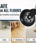Heavy Duty 3 Inch M6 Metric Threaded Stem Casters Set Of 4, polyurethane swivel wheel shown gliding on hardwood and tile.