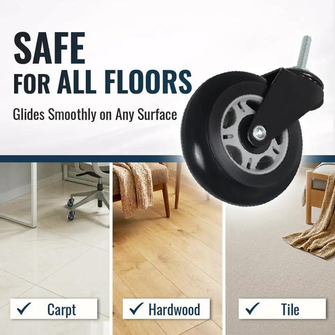 Heavy Duty 3 Inch M6 Metric Threaded Stem Casters Set Of 4, polyurethane swivel wheel shown gliding on hardwood and tile.