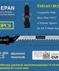T Shank Jigsaw Blades Set 20 Pieces T101AO with specs and compatibility highlighted on info sheet.