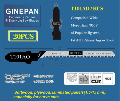 T Shank Jigsaw Blades Set 20 Pieces T101AO with specs and compatibility highlighted on info sheet.