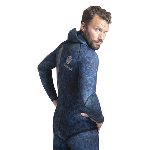 2mm Hooded Wetsuit 2-Piece Nylon Camouflage Blue For Spearfishing And Freediving, back view, Size 2XL