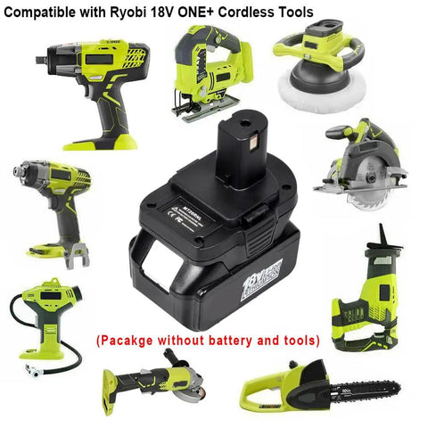 Cross Brand Battery Adapter Lets You Swap Makita 18V Lithium Into Ryobi 18V One Plus Tools surrounded by compatible tools
