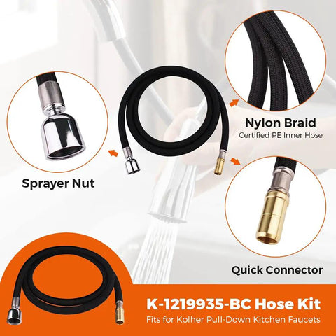 67-Inch Bright Chrome Hose Kit For Pull-Down And Pull-Out Kitchen Faucets Replacement Part, hose with sprayer nut and quick connector.