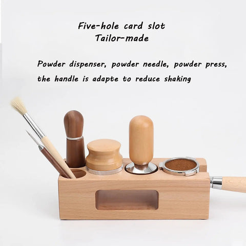 Top Shelf Wood Espresso Tamper Stand Fits 51Mm And 54Mm Tamps, five-hole wooden organizer with espresso tools.