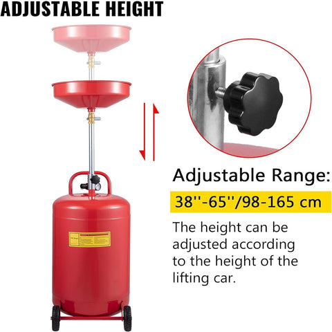 Heavy Duty 20 Gallon Waste Oil Drain Tank With Air Operated Drainer showing adjustable funnel height and pressure valve.