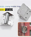 Heavy Duty Sealed Bearing Gate Hinges Set Stainless Steel With Automatic Closing Flush Mount shown installed on wooden door