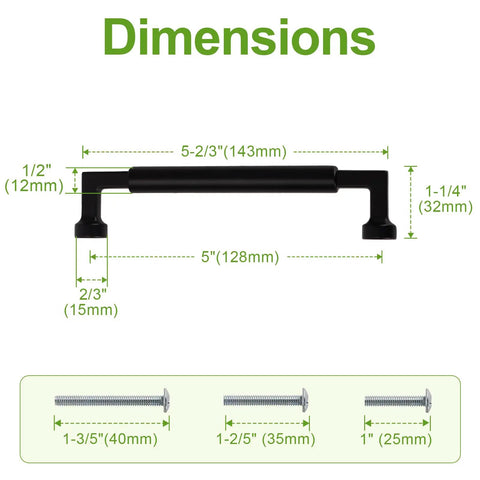 Dimensions of Ten Pack 5 Inch Matte Black Zinc Alloy Cabinet Handles and Drawer Pulls 128mm Hole Centers