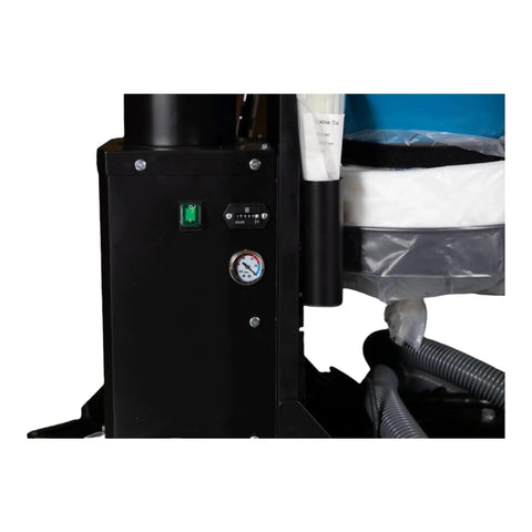 Top Shelf Single Motor Heba Dust Collector With Automatic Reverse Air Jet Pulse Filtration control panel, pressure gauge, and switch details.
