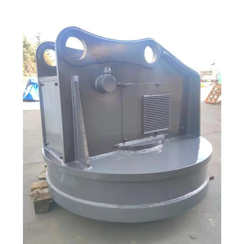 Heavy Duty Hydraulic Scrap Magnet Lifter For Excavators Built Tough As Nails, gray steel design with mounting holes.