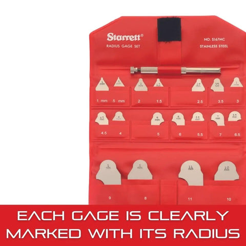 Radius Gauge Set With 110 Holder, Stainless Steel, 22 Gauges Spanning 0.5-7mm And 8-15mm Radius, in red case, S167MB S167MAH Combo