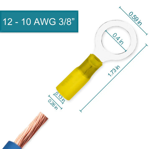 60 Pieces Heat Shrink Wire Connectors And Ring Terminals For 12 10 AWG Automotive And Marine Wiring M10 Three Eighth Inch Stud Size Copper Core With Tin Coating For High Conductivity Anti Corrosion Dustproof And Waterproof.