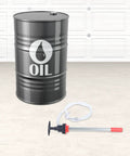 Heavy Duty Manual Push Oil Pump Hand Crank Gear Transfer Dispenser For 5 Gallon Drums And Heavy Steel Pails No Sweat Engine Oil Liquid Extraction With 47 Inch Hose next to an oil drum.