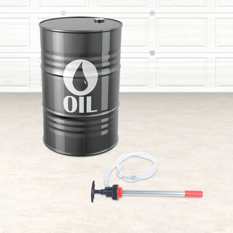 Heavy Duty Manual Push Oil Pump Hand Crank Gear Transfer Dispenser For 5 Gallon Drums And Heavy Steel Pails No Sweat Engine Oil Liquid Extraction With 47 Inch Hose next to an oil drum.