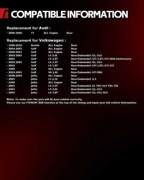 Compatibility chart for Volkswagen Beetle, Golf, Jetta, and Audi TT rear wheel hub bearing assembly.