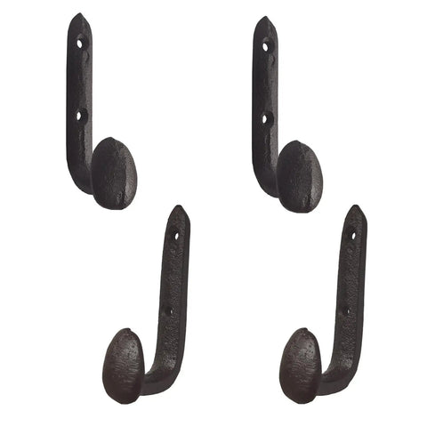 Four Pack Badass Cast Iron Wall Hooks In Rustic Black Vintage Coat Rack Heavy Duty Entryway Storage Organizer With Pre Drilled Screws For Jackets Bags And Everyday Gear, showing set of four hooks.