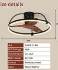 Size details of Nepal Solid Wood Flush-Mount Ceiling Fan with Light and Remote Control, 24in diameter, black and walnut finish.