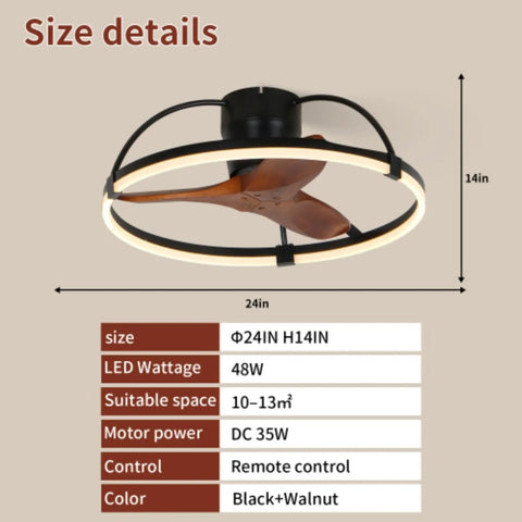 Size details of Nepal Solid Wood Flush-Mount Ceiling Fan with Light and Remote Control, 24in diameter, black and walnut finish.
